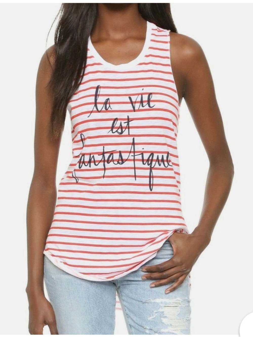 Sundry White & Red Striped Script extra long Tank top cover up bikini 4th July